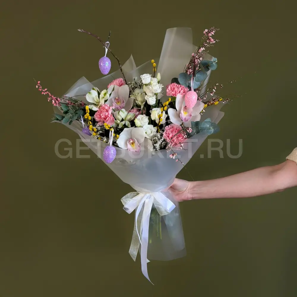 226526 Пасхальный букет из орхидеи, вербы, генисты и лимониума с эустомой 